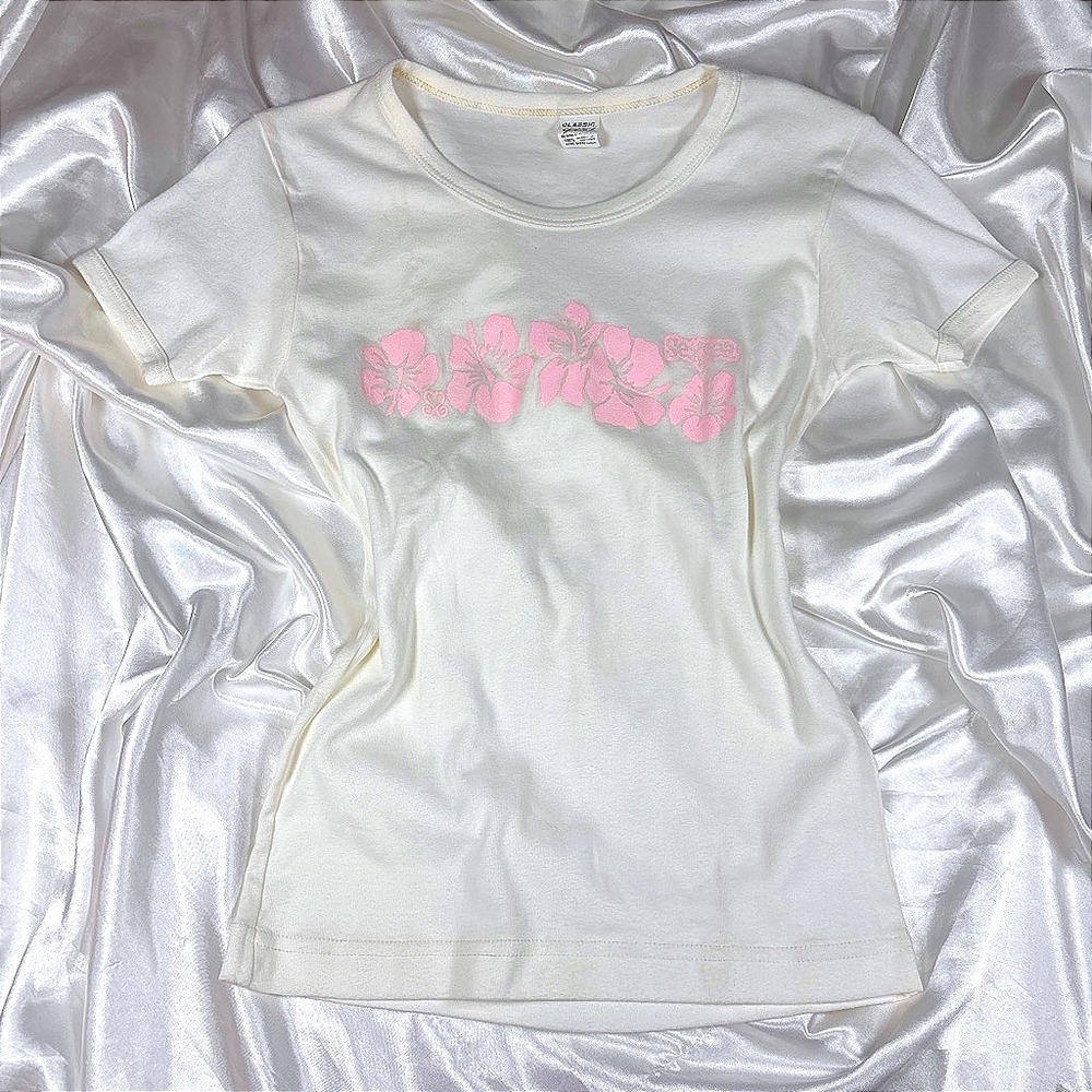 y2k Baby Tee White Good Classic Girl American Apparel Pink Hibiscus Floral